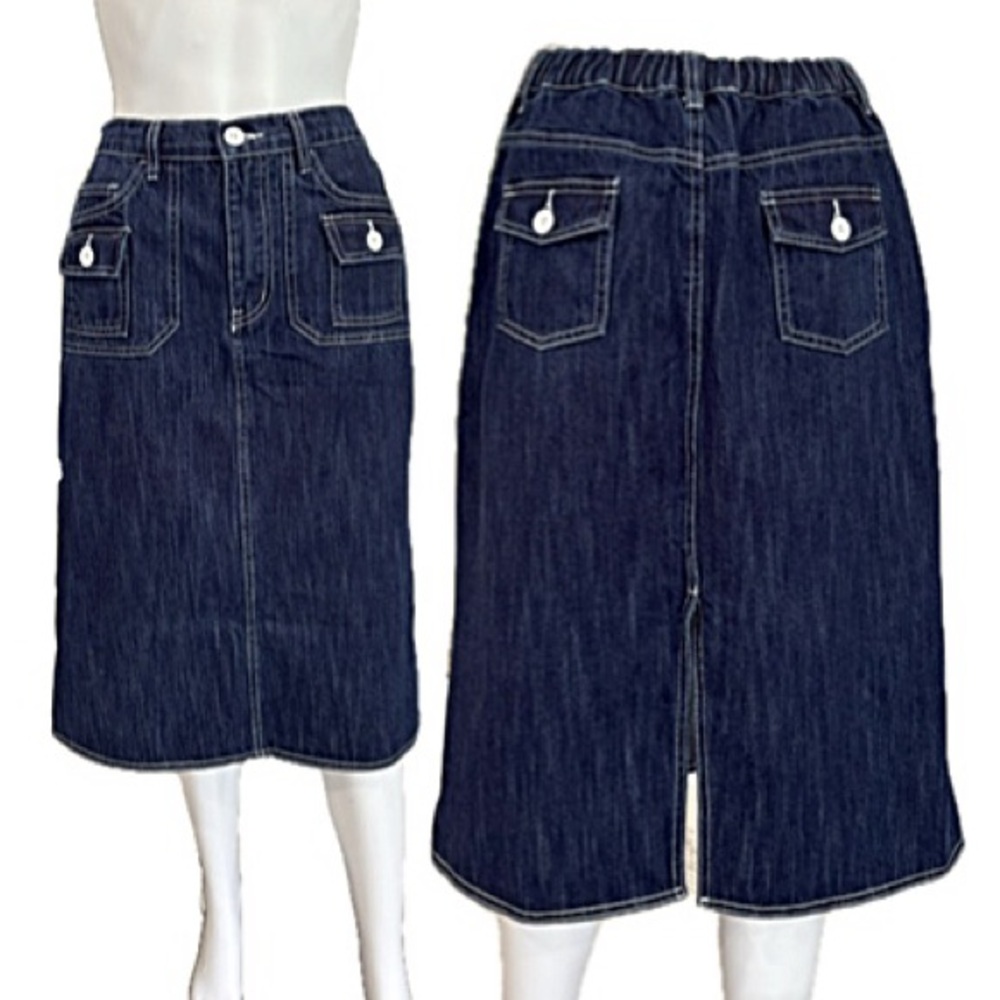 Nolita Dark Denim Midi Skirt Womens Size M Cargo Pocket Elastic Waist A-Line Y2K